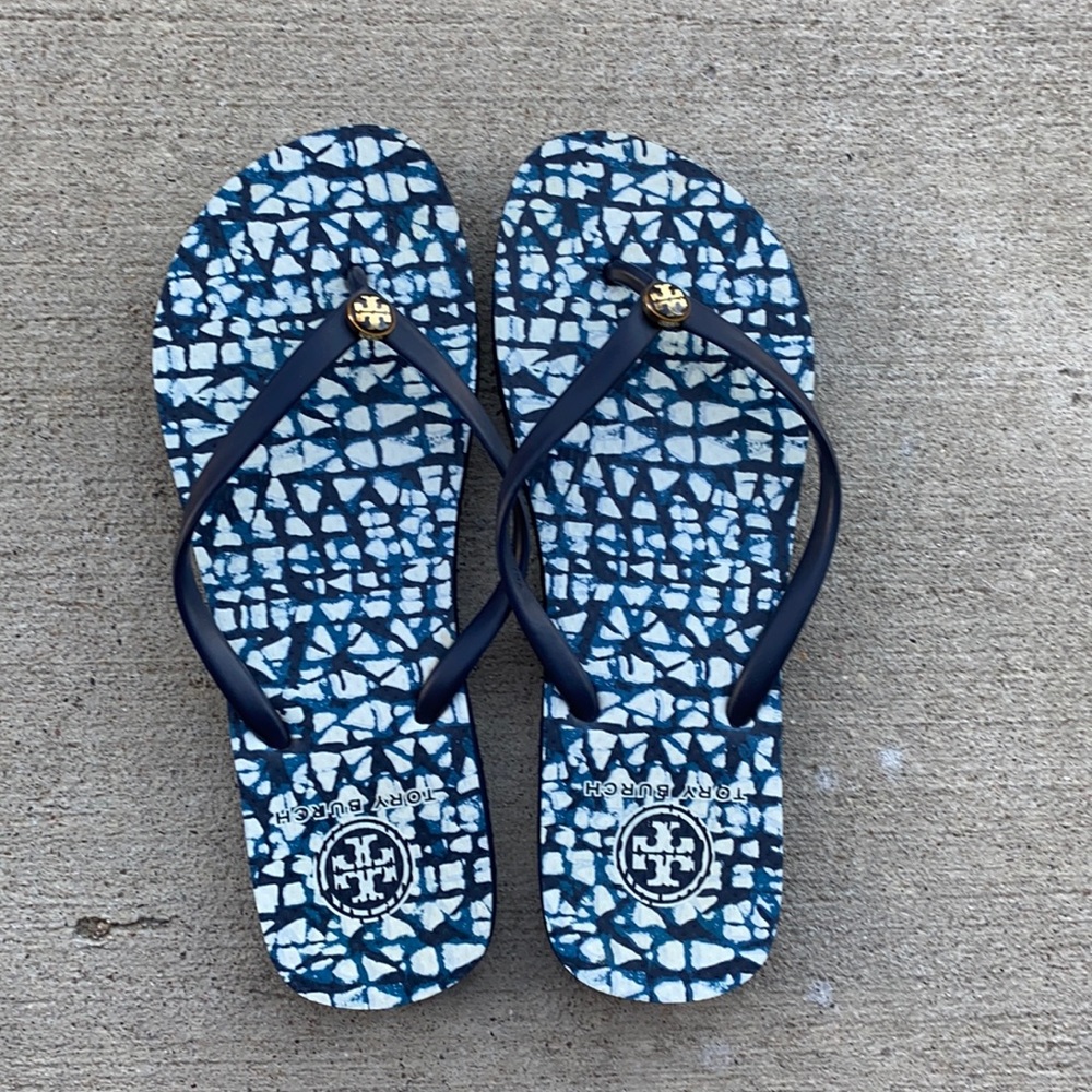 Tory Burch navy & white flip flops